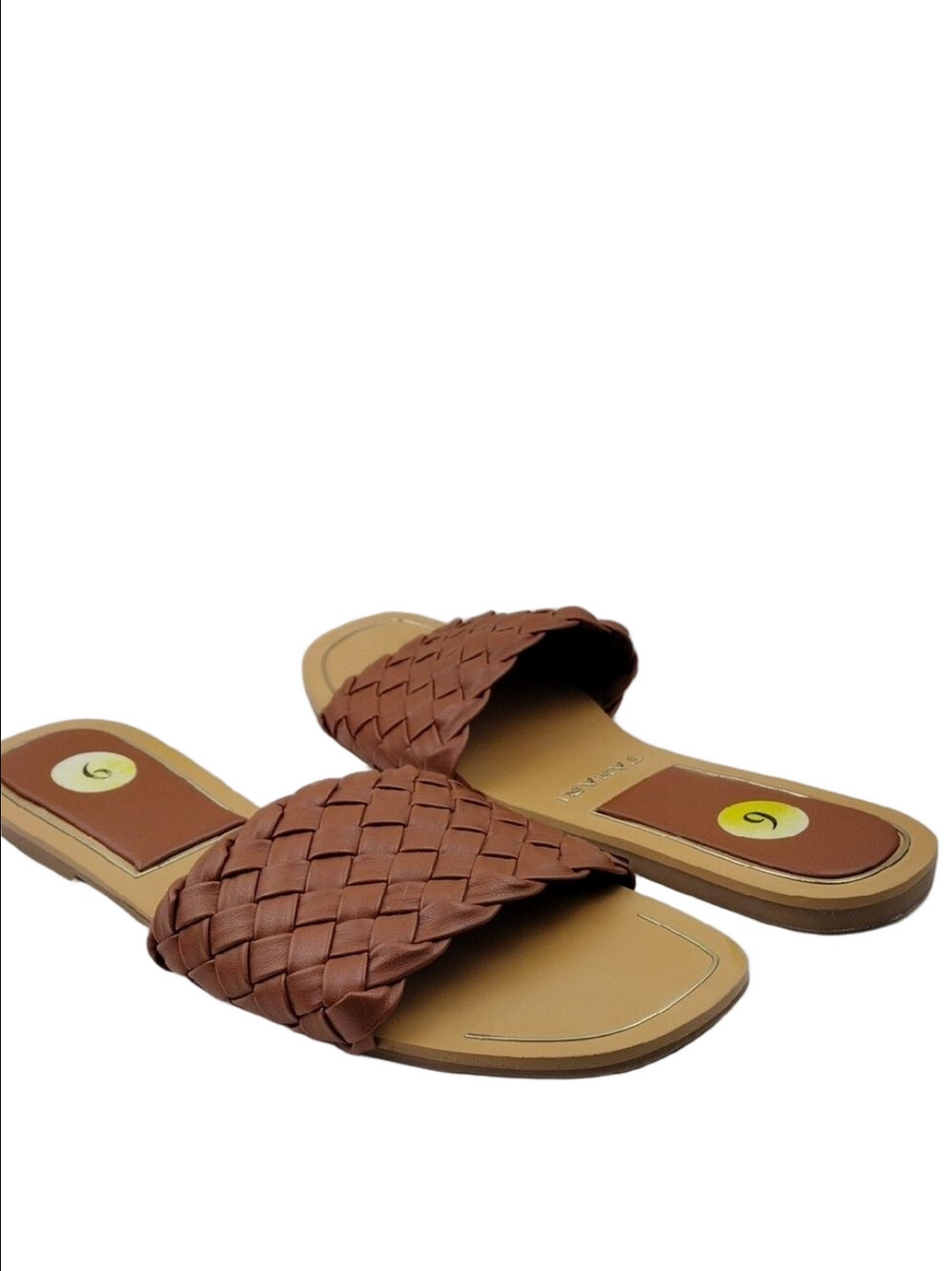 Tahari Melissa Camel Faux Leather Braided Square Open Toe Slide Flat Sandal